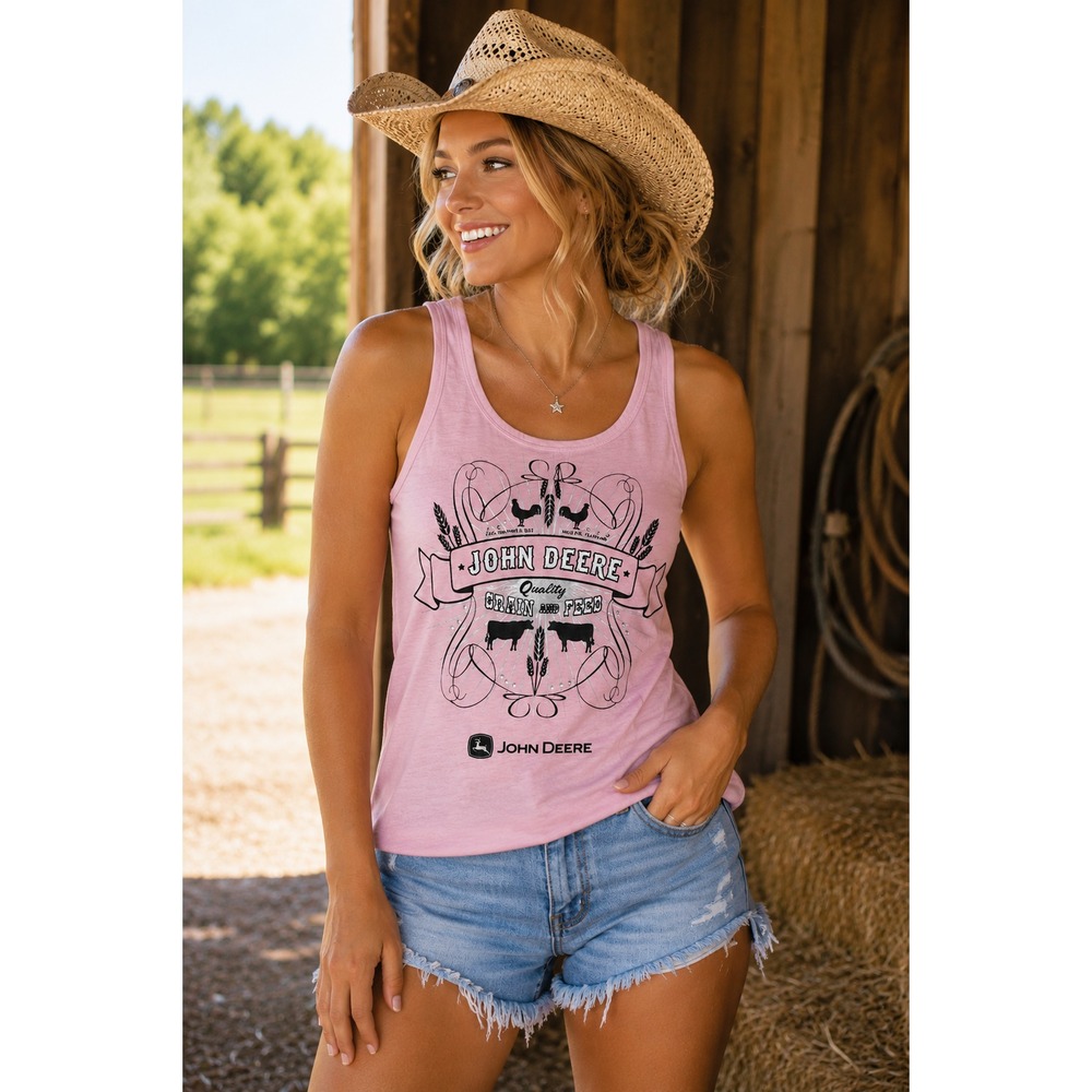 John Deere NWT Womens M Pink Tank Top Farm Animals Print Ranch Sparkle
